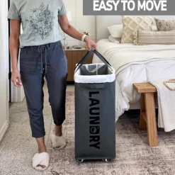 Hot Tvättställ med hjul, 75L hopfällbar stor tvättkorg, tvättvagn med avtagbar tvättsäck för tvättstuga