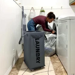 Hot Tvättställ med hjul, 75L hopfällbar stor tvättkorg, tvättvagn med avtagbar tvättsäck för tvättstuga