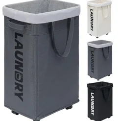 Tvättställning med hjul, 75L hopfällbar stor tvättkorg, tvättvagn med avtagbar tvättsäck för tvättstuga_xx