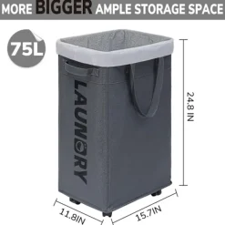 Tvättställning med hjul, 75L hopfällbar stor tvättkorg, tvättvagn med avtagbar tvättsäck för tvättstuga_xx