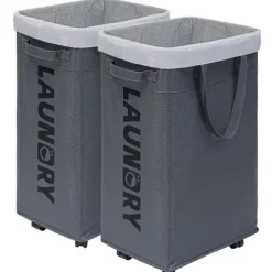 Tvättställning med hjul, 75L hopfällbar stor tvättkorg, tvättvagn med avtagbar tvättsäck för tvättstuga_xx