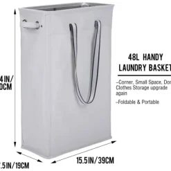 Hot Tyg Klädkorg, 60CM Praktisk Hängande Tvättkorg Hög och Smal Korg Vattentät Tvättsäck med Andningsbart Meshlock Tvättsäck, Grå