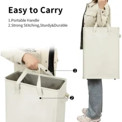 Online Ultratunn tvättkorg med handtag, hopfällbar korg för smutsiga kläder, smal väska, hopfällbar trasa, 45 L (53,34 cm, beige)