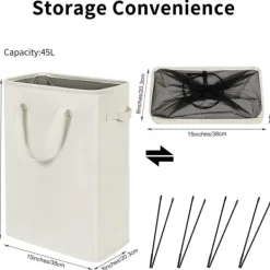 Clearance Ultratunn tvättkorg med handtag, hopfällbar korg för smutstvätt, smal väska, hopfällbar tyg, 45 L (53.34 cm, beige)