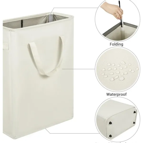 Outlet Ultratunn tvättkorg med handtag, hopfällbar korg för tunna smutsiga kläder, smal påse, hopfällbar trasa, 45 L (53,34 cm, beige)
