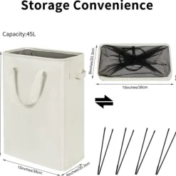 Outlet Ultratunn tvättkorg med handtag, hopfällbar korg för tunna smutsiga kläder, smal påse, hopfällbar trasa, 45 L (53,34 cm, beige)