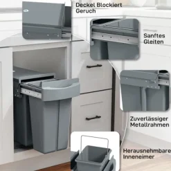 Hot Northio Utdragbar soptunna för kök, 2 avtagbara hinkar, 30 l, metall