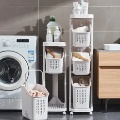 Outlet Vagn på hjul med 3 tvättkorgar och praktisk hylla