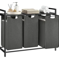 Sale Pavil Vasagle tvättkorg, 3-fack tvätthamper, utdragbar och avtagbar tvättväskor, svart och grå