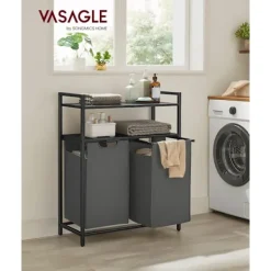 Hot Pavil Vasagle tvättkorg 2-fack, tvätthamare med 2 hyllor, per påse 46 liter, svartgrön