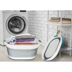 Best Vikbar oval tvättkorg Hopfällbar 40 liter tvättkorg grå