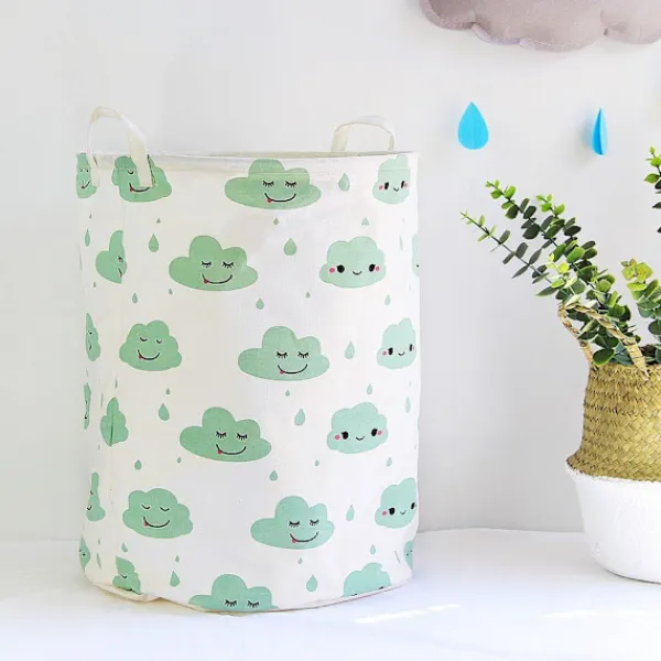 Hot Vikar Tvättkorg omull Linne Rund Förvaringslåda Tvättsäck Leksaksorganisatör - Grön B