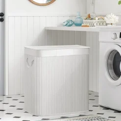 Hot SONGMICS Vit tvättkorg med 3 fack och lock - 150 liter