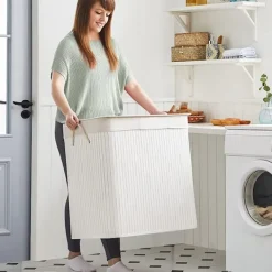 Hot SONGMICS Vit tvättkorg med 3 fack och lock - 150 liter