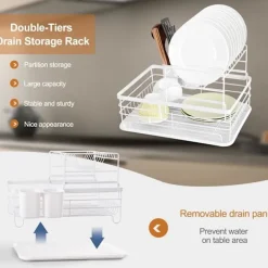 Outlet 2-vånings diskställ köksbänk tallrik avrinningsställ förvaringsorganisatör med avrinningsbricka och bestickhållare - Vit White