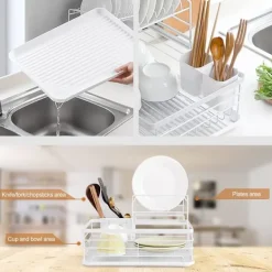 Outlet 2-vånings diskställ köksbänk tallrik avrinningsställ förvaringsorganisatör med avrinningsbricka och bestickhållare - Vit White