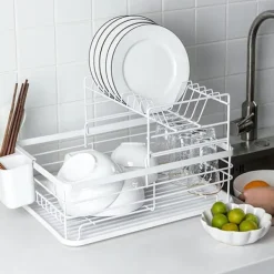 Outlet 2-vånings diskställ köksbänk tallrik avrinningsställ förvaringsorganisatör med avrinningsbricka och bestickhållare - Vit White