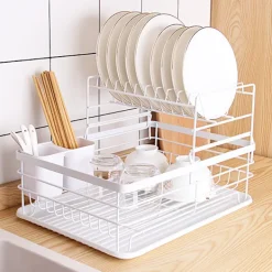 Outlet 2-vånings diskställ köksbänk tallrik avrinningsställ förvaringsorganisatör med avrinningsbricka och bestickhållare - Vit White