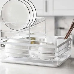 Outlet 2-vånings diskställ köksbänk tallrik avrinningsställ förvaringsorganisatör med avrinningsbricka och bestickhållare - Vit White