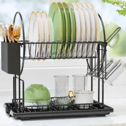 Outlet 2-vånings svart diskställ med droppbricka, rostfritt stål avloppsdisk