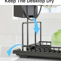 Outlet 2-vånings svart diskställ med droppbricka, rostfritt stål avloppsdisk