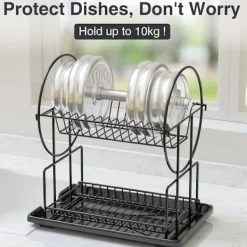 Outlet 2-vånings svart diskställ med droppbricka, rostfritt stål avloppsdisk