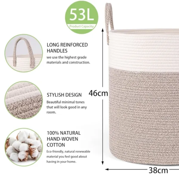 Online Vävda tvättkorg i bomull, 53L tvättkorg med handtag, 46x38cm