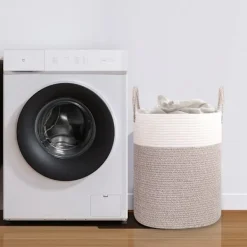 Online Vävda tvättkorg i bomull, 53L tvättkorg med handtag, 46x38cm