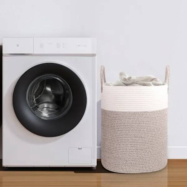 Online Vävda tvättkorg i bomull, 53L tvättkorg med handtag, 46x38cm