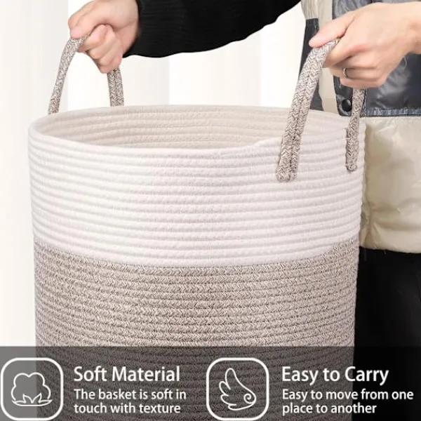 Online Vävda tvättkorg i bomull, 53L tvättkorg med handtag, 46x38cm