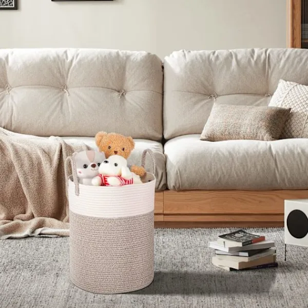 Online Vävda tvättkorg i bomull, 53L tvättkorg med handtag, 46x38cm