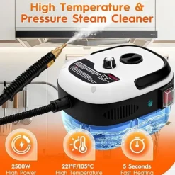Online 2500W Handhållen Ångrengörare – Tryckångare med 3 Borsthuvuden, 6 Nivåer, 1000ml Vattentank