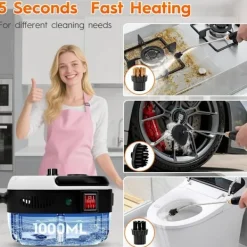 Online 2500W Handhållen Ångrengörare – Tryckångare med 3 Borsthuvuden, 6 Nivåer, 1000ml Vattentank