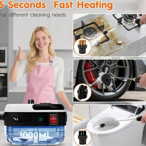 Online 2500W Handhållen Ångrengörare – Tryckångare med 3 Borsthuvuden, 6 Nivåer, 1000ml Vattentank
