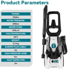 Best Yofidra 2500W Högtryckstvätt, 250 Bar Biltvättmaskin, Två Vatteninloppslägen