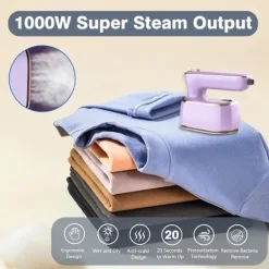 Outlet 1000W hopfällbar handhållen minidamptång, keramisk non-stick-sula, 180° roterande handtag, 20s snabb uppvärmning, 2-i-1 bärbar ångstrykjärn Purple