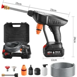 Clearance 600W Sladdlös Högtryckstvätt med 21V 1 Batteri 10m Slang Biltvättspistol Vattning för Trädgård