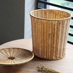 Hot Yhsqv - vävd korg papperskorg rund rotting papperskorg med lock planter vävda korgar korg papperskorg