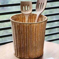 Hot Yhsqv - vävd korg papperskorg rund rotting papperskorg med lock planter vävda korgar korg papperskorg