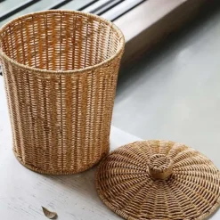 Hot Yhsqv - vävd korg papperskorg rund rotting papperskorg med lock planter vävda korgar korg papperskorg