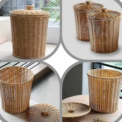 Hot Yhsqv - vävd korg papperskorg rund rotting papperskorg med lock planter vävda korgar korg papperskorg